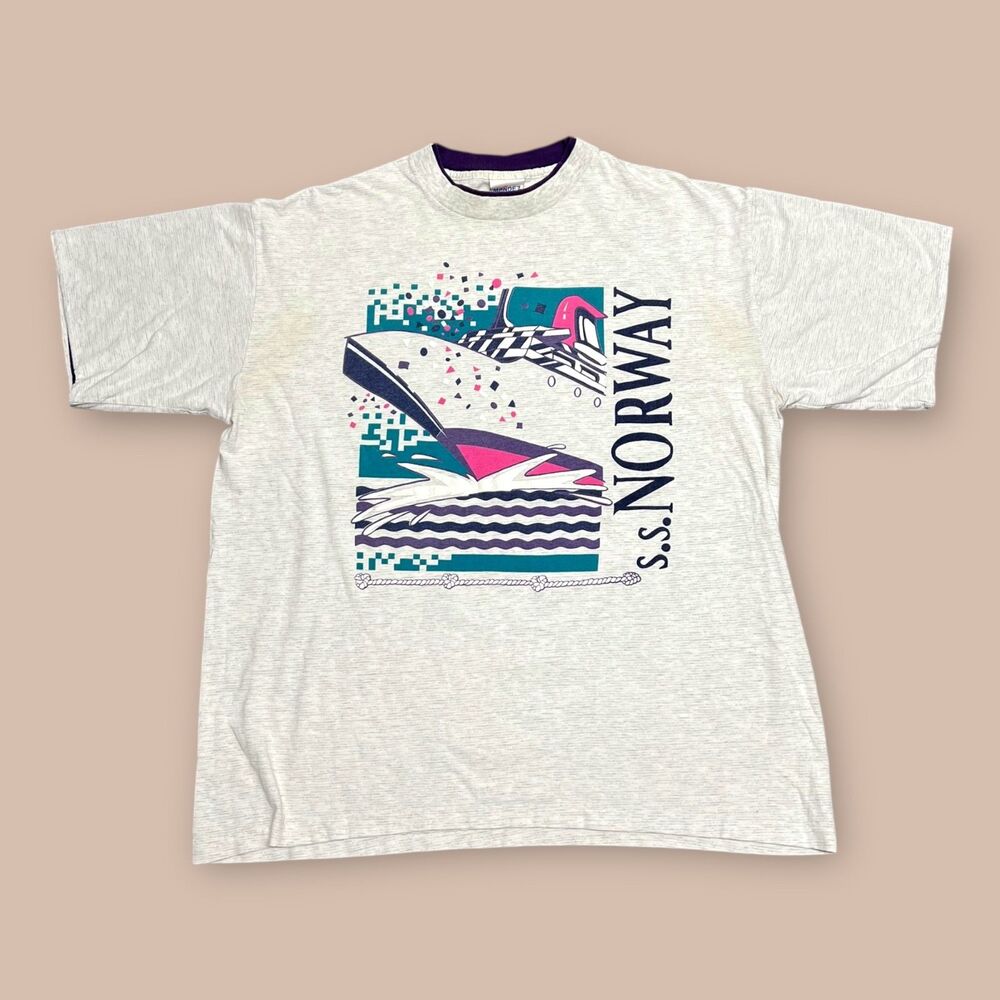 Vtg 90s SS Norway Cruise Ship Graphic Tee Two-Tone Collar